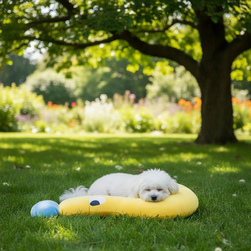 Dog on yellow bed in park